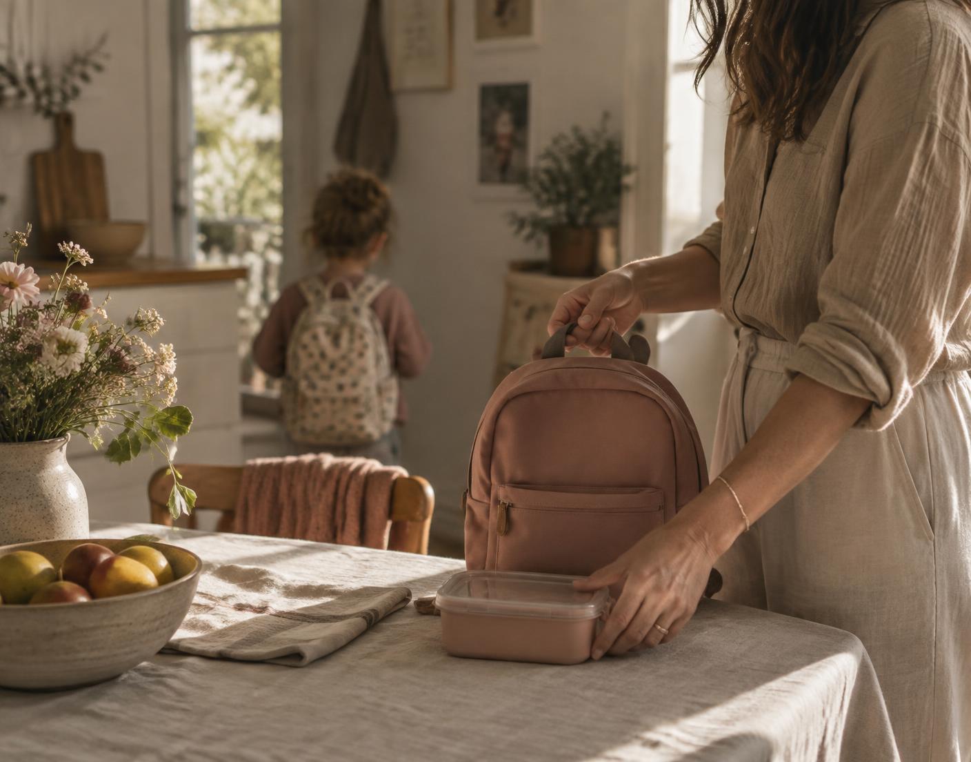 A parent preparing a child's backpack and lunch in a sunlit kitchen